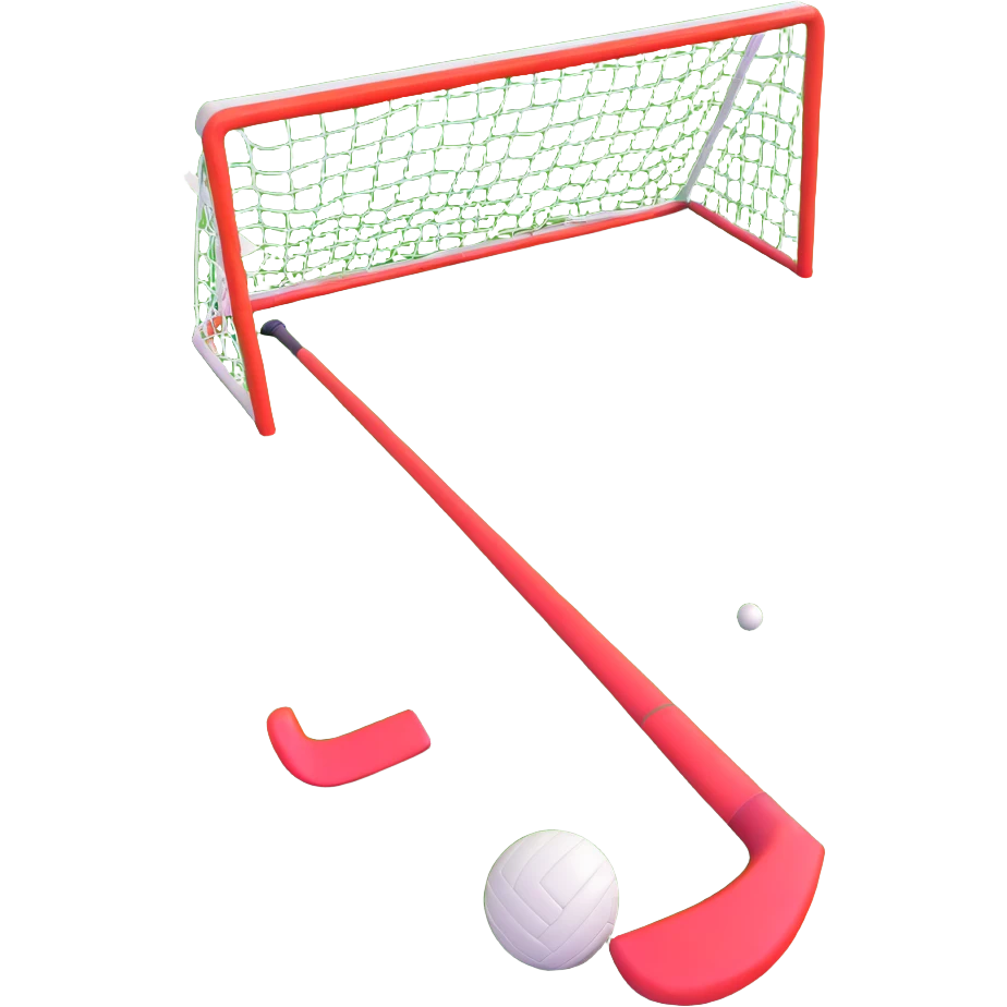 field hockey stick and ball on vibrant green grass field with goalposts emoji