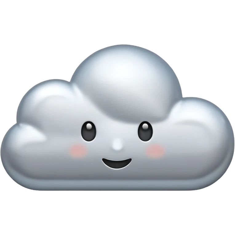 A cute cloud emoji made of silver chrome, smooth rounded shape, glossy metallic surface, soft reflections, minimal and friendly design, iOS emoji style, centered, clean white background, soft lighting emoji