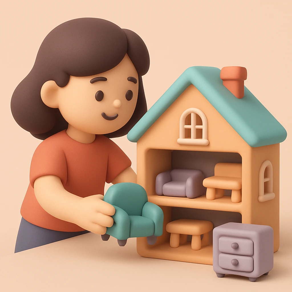 smiling girl arranging furniture in doll house emoji
