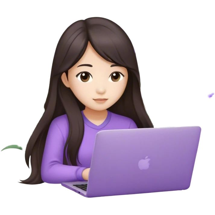 Long hair brunette Asian girl working on lavender laptop emoji