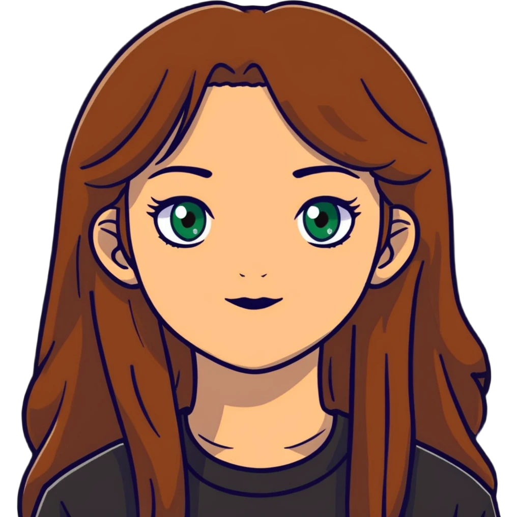 portrait of a 17-year-old girl with green eyes, light skin, and long brown hair emoji