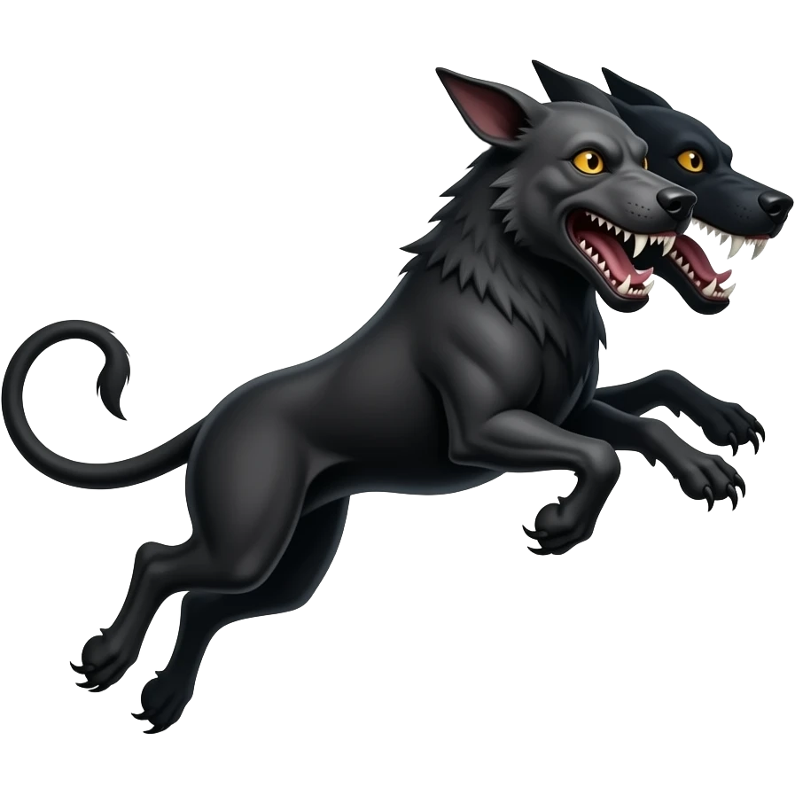 cinematic - cerberus, a three-headed creepy black hellhound in a jump, in a smoke emoji