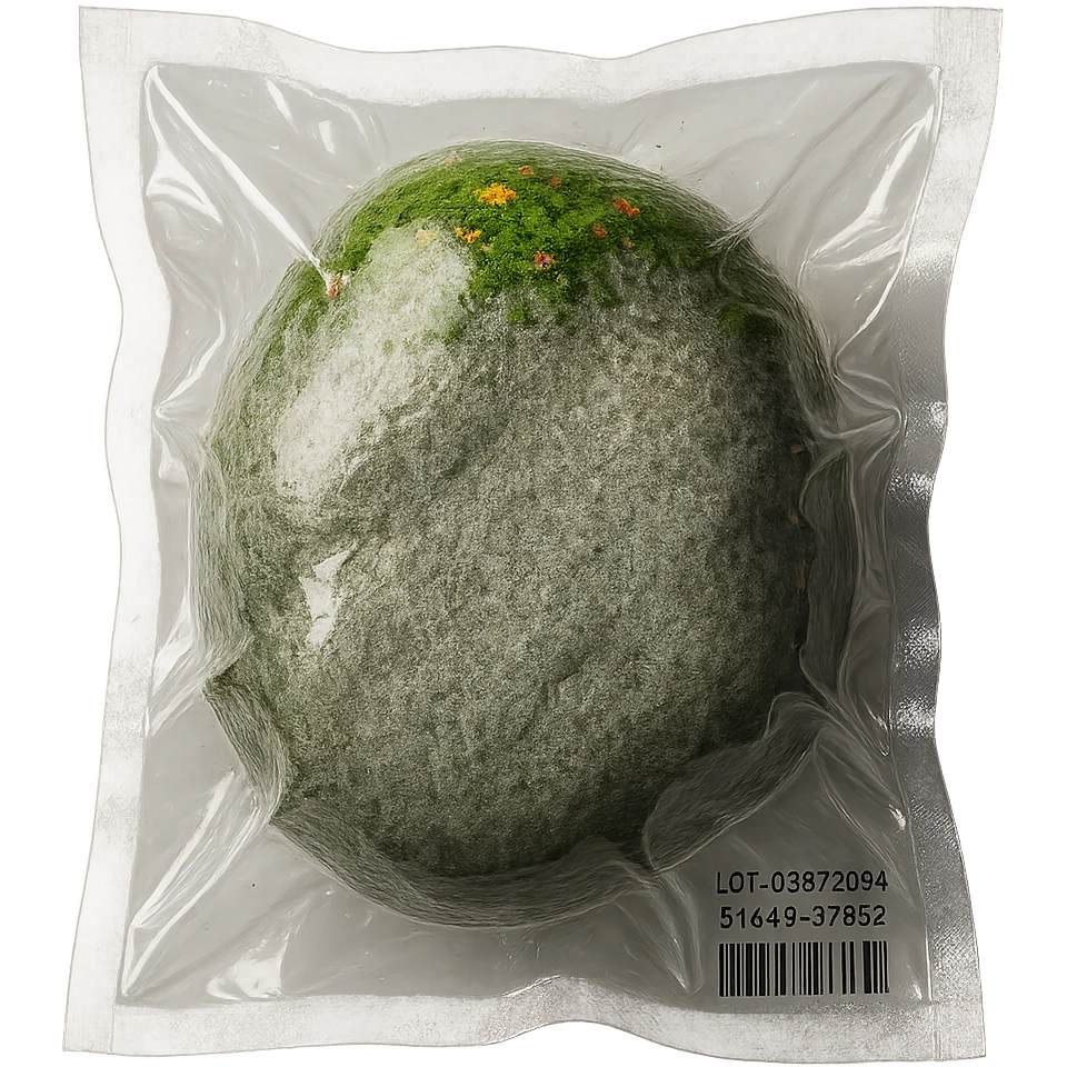 smooth light gray boulder, mostly stone with some green moss and a few tiny multicolored flowers, shiny and inflated emoji