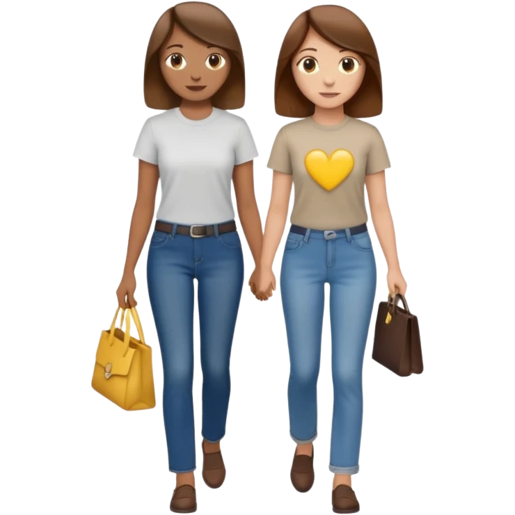 based on emoji style, two people walking together. one is brown-haired woman, wearing business casual,  Another one is a non-binary person, wearing t shirt and jeans, and the second person doesn't have anything on their hands. emoji