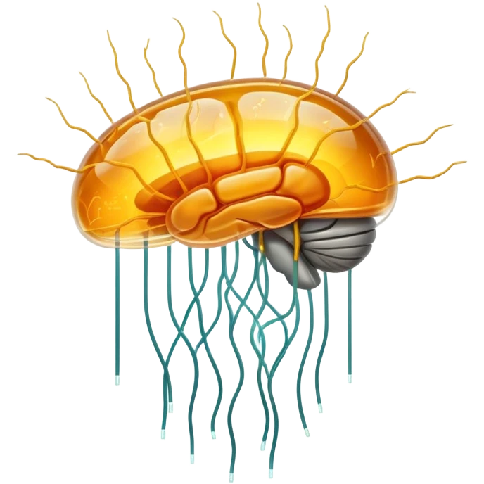 An amber translucent capsule floating in front of an ethereal brain. Thin electric filaments connect from the capsule to the brain synapses like bridges of light. emoji