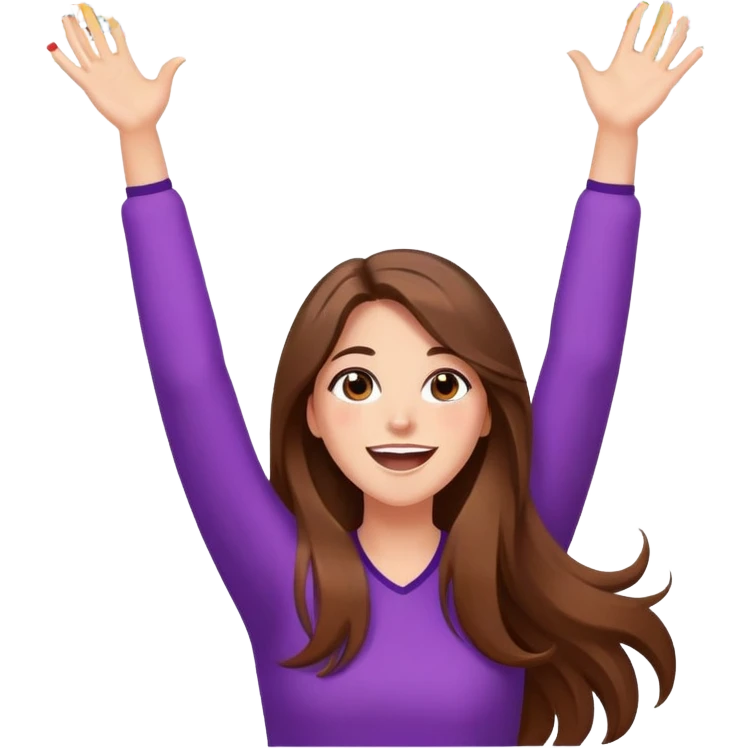 excited woman with long brown hair with arms raised above head with confetti and sparkles in the background cartoon style emoji