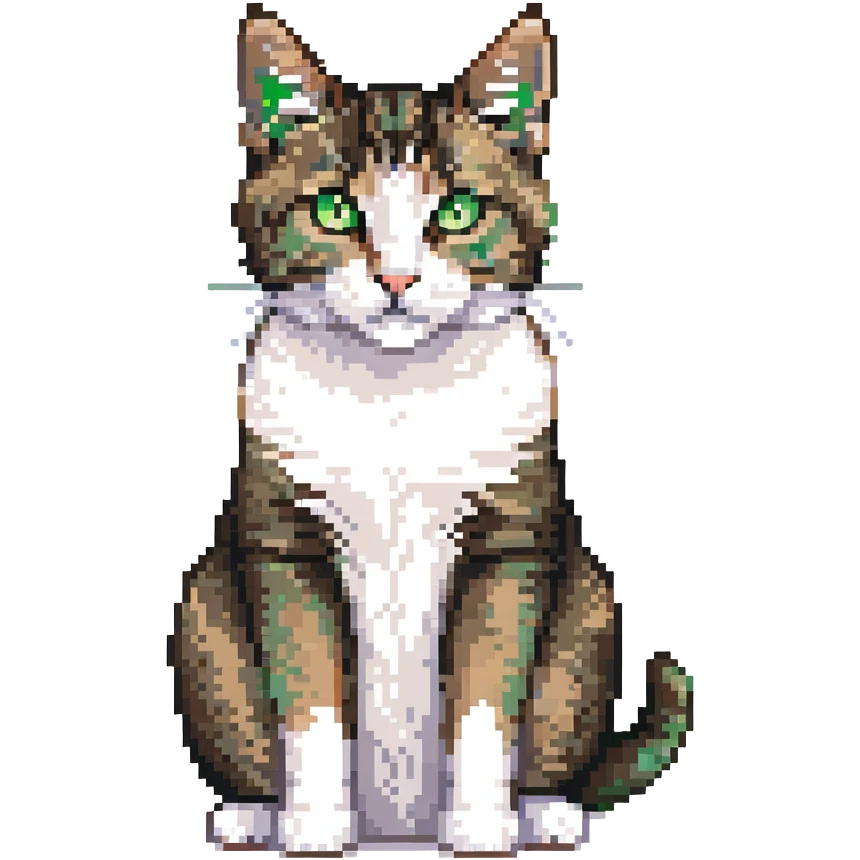 Brown, white, and black tabby cat with green eyes sitting to show its white belly, pixelated art emoji