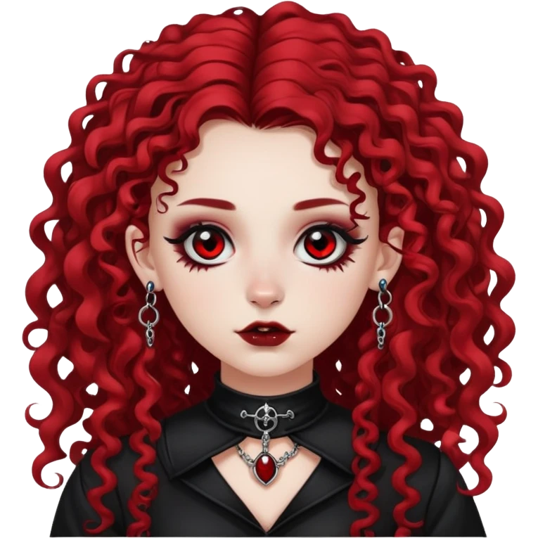 White girl with black eyes, gothic clothes and red curly long red hair. She has a septum ring piercing and a side nose piercing too emoji