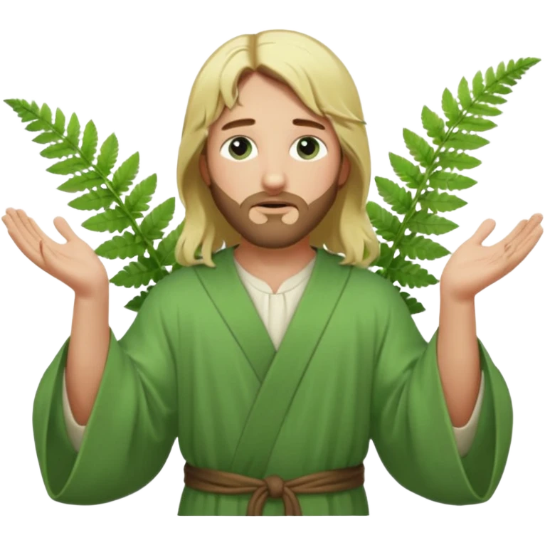 Jesus, green eyes, blonde hair, light green robe. opening arms, gazing thoughtfully. Soft light, subtle fern. Waist-up, profile. emoji