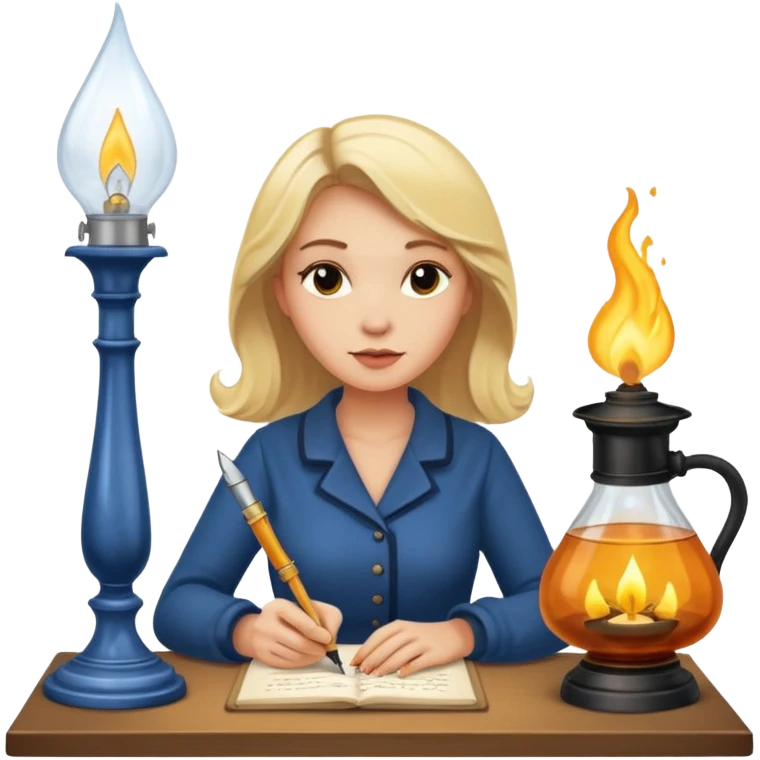 Blonde woman writing with fountain pen under an oil lamp emoji