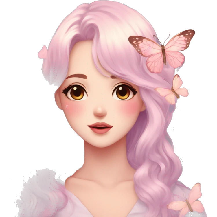Gorgeous pastel anime style lady with blushing face and butterflies aesthetic trending style emoji