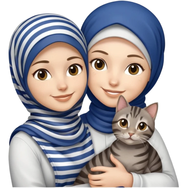 White girl wearing dark blue hijab with white shirt smiling while holding a black grey brown stripes tabby cat emoji