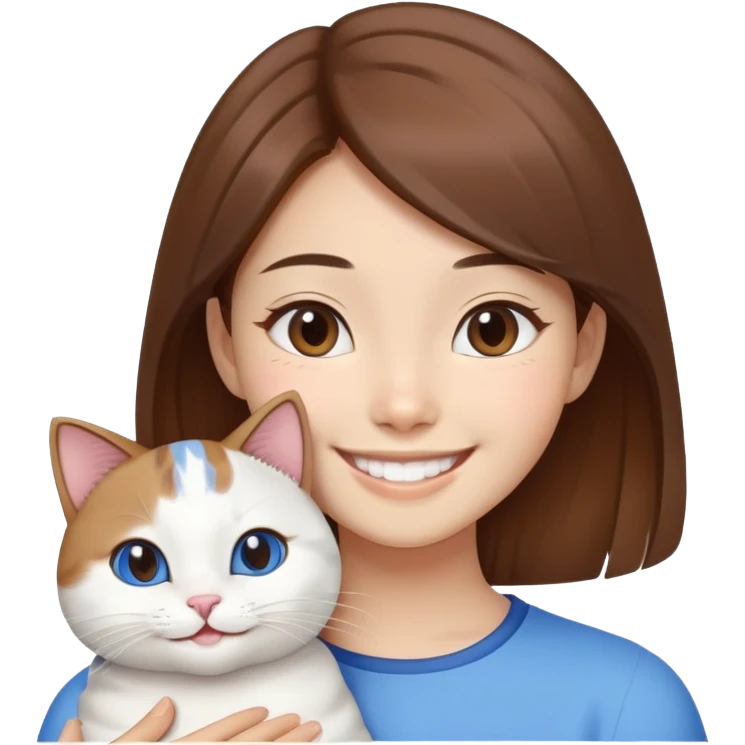 brown-haired Asian girl with her blue and white Manchikon cat, both smiling emoji