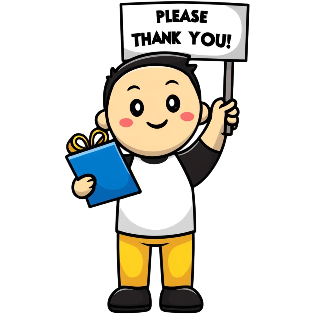 Character holding a sign that says please and thank you emoji