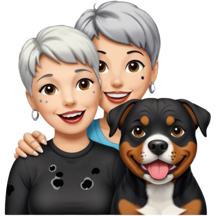 Pitt bull rottweiler white muzzle with black spots tongue out next to older woman with short silver hair emoji