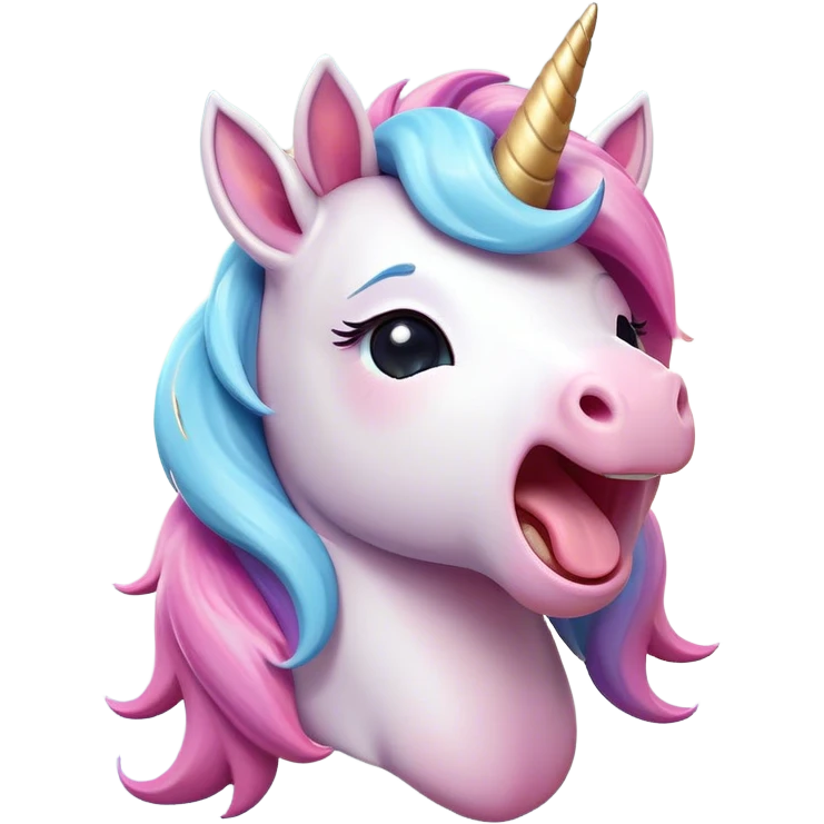 Cinematic Cute Yawning Unicorn Pony Portrait Emoji, Head tilted slightly with a dramatic, wide-open yawn, showcasing a petite, softly glowing form with a gently drooping mane, a subtle, shimmering horn and sleepy, half-closed eyes, Simplified yet irresistibly adorable features, highly detailed, glowing with a soft, cozy pastel glow, high shine, relaxed yet expressive, stylized with a dash of whimsical enchantment, soft glowing outline, capturing the essence of a drowsy yet affectionate unicorn pony that appears ready to stretch and yawn its way off the screen! emoji
