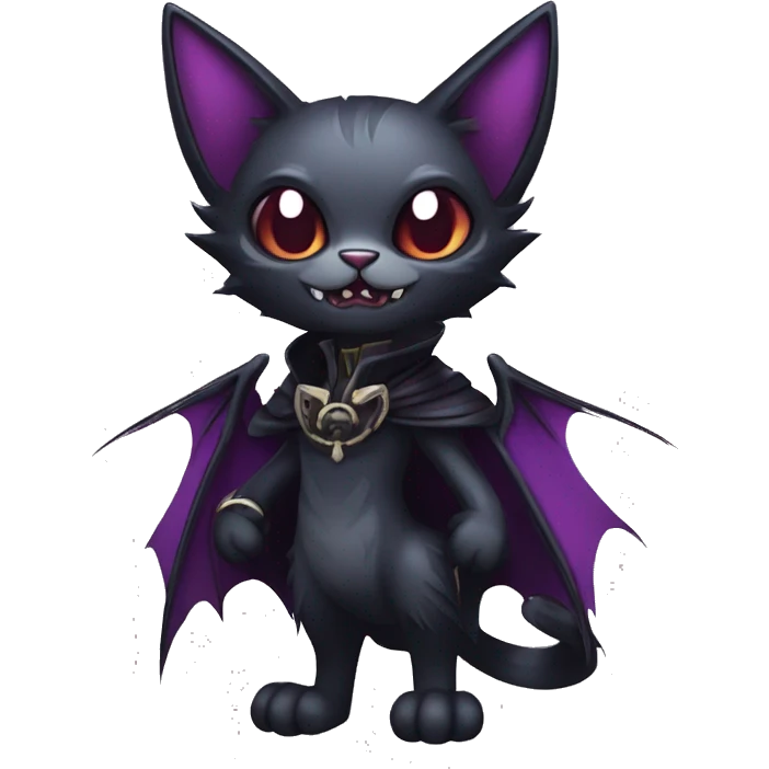  cool edgy dark-themed animal vampiric cat-hybrid Fakemon with fangs and bat-wing-ears with a collar full body emoji