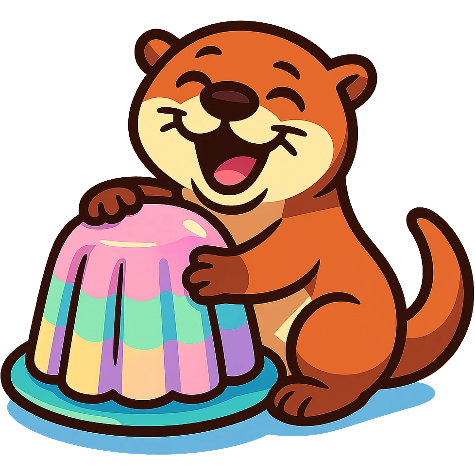 laughing otter hugging pastel jelly cake, vibrant-toon style emoji