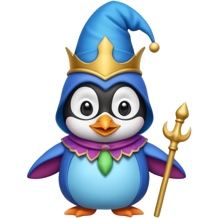 crazy colorful cute penguin jolly joker, medieval, vintage, court jester, mac os icon, blue color emoji