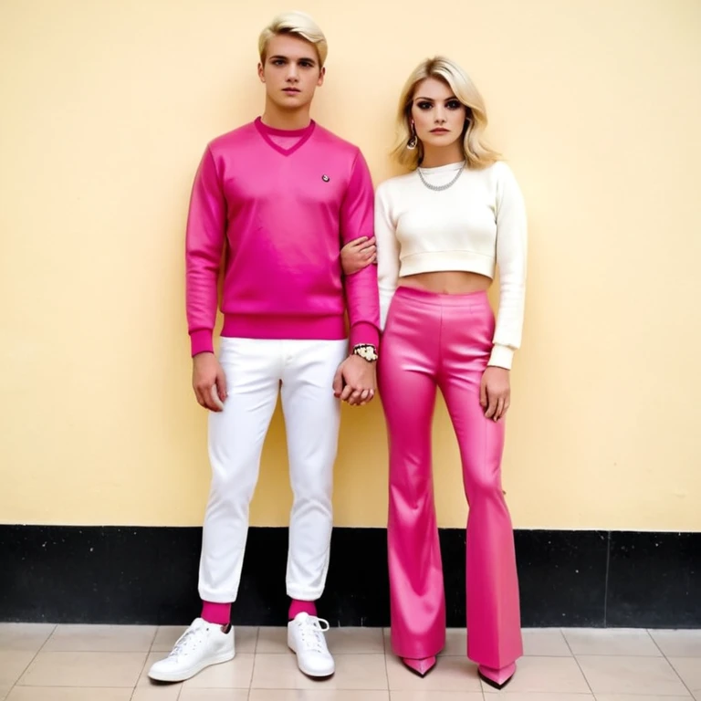 Una pareja de novios van tomados de la mano ella es rubia de ojos carmelitas piel blanca vestido rosado y tacones el muchacho es de piel morena ojos negros un pullover blanco pantalón de mezclilla y tenis blancos el fondo es una iglesia  emoji
