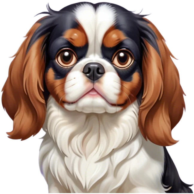 Cinematic Grumpy Tri-Colour Cavalier King Charles Spaniel Portrait Emoji, Head tilted slightly with a deeply unimpressed expression, thick tri-colour fur with pronounced black, white, and tan markings, large, droopy brown eyes narrowed into an unamused glare, ears slightly drooping in exasperation, Simplified yet comically expressive features, highly detailed, glowing with a dry, sarcastic glow, high shine, effortlessly judgmental yet dignified, stylized with a touch of cynicism, bright but brooding, soft glowing outline, capturing the essence of an eternally unimpressed yet endearing companion, so lifelike it feels like it could sigh heavily at you in disdain at any moment! emoji