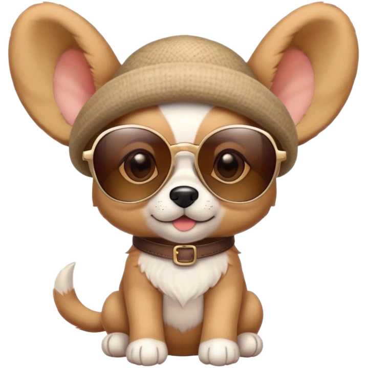 Cute puppy with oversized ears wearing sunglasses and a tiny hat emoji