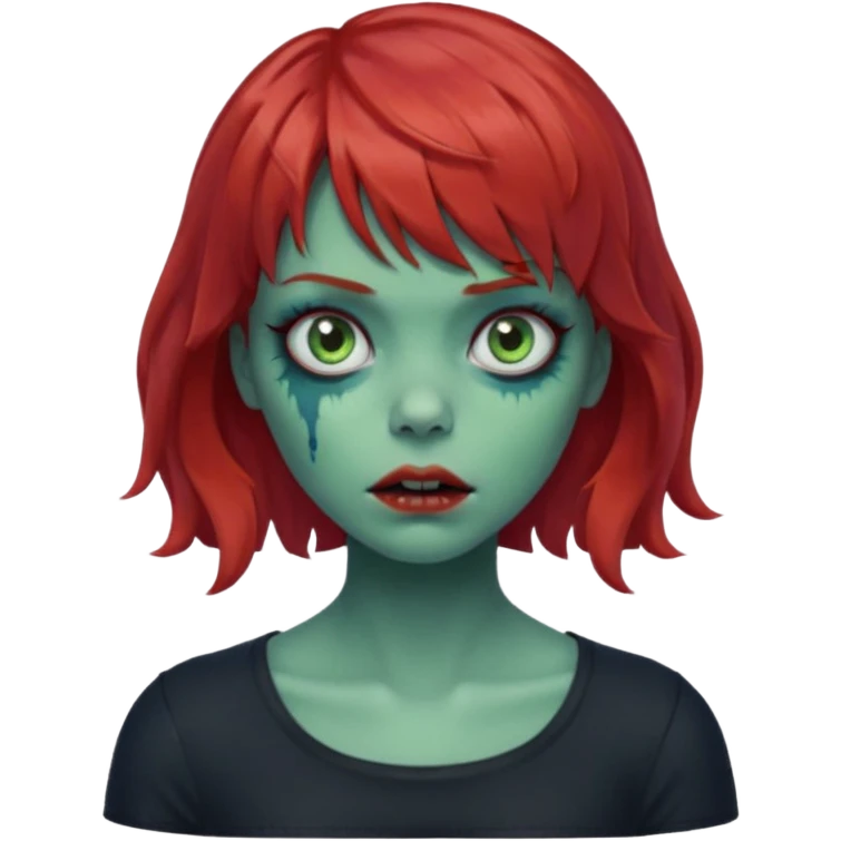 Zombie girl emoji with short red hair and bangs. Blue eyes, green skin, and a black top Her hair is slightly wavy emoji