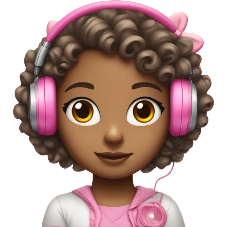 Girl with  curly hair , a hello kitty headphones , big eyes and cute  emoji