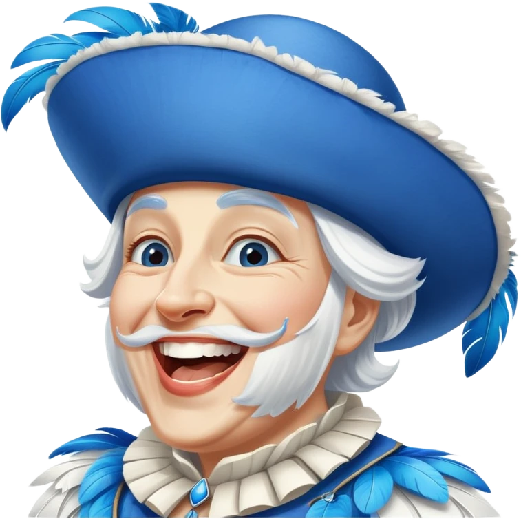 Kölner Karnevalist als Blauer Funke mit blau-weißem Federbuschhut lacht emoji