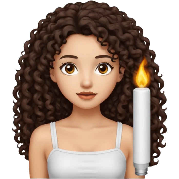 Woman with light skin and dark brown eyes and dark brown long curly hair and white tube top emoji