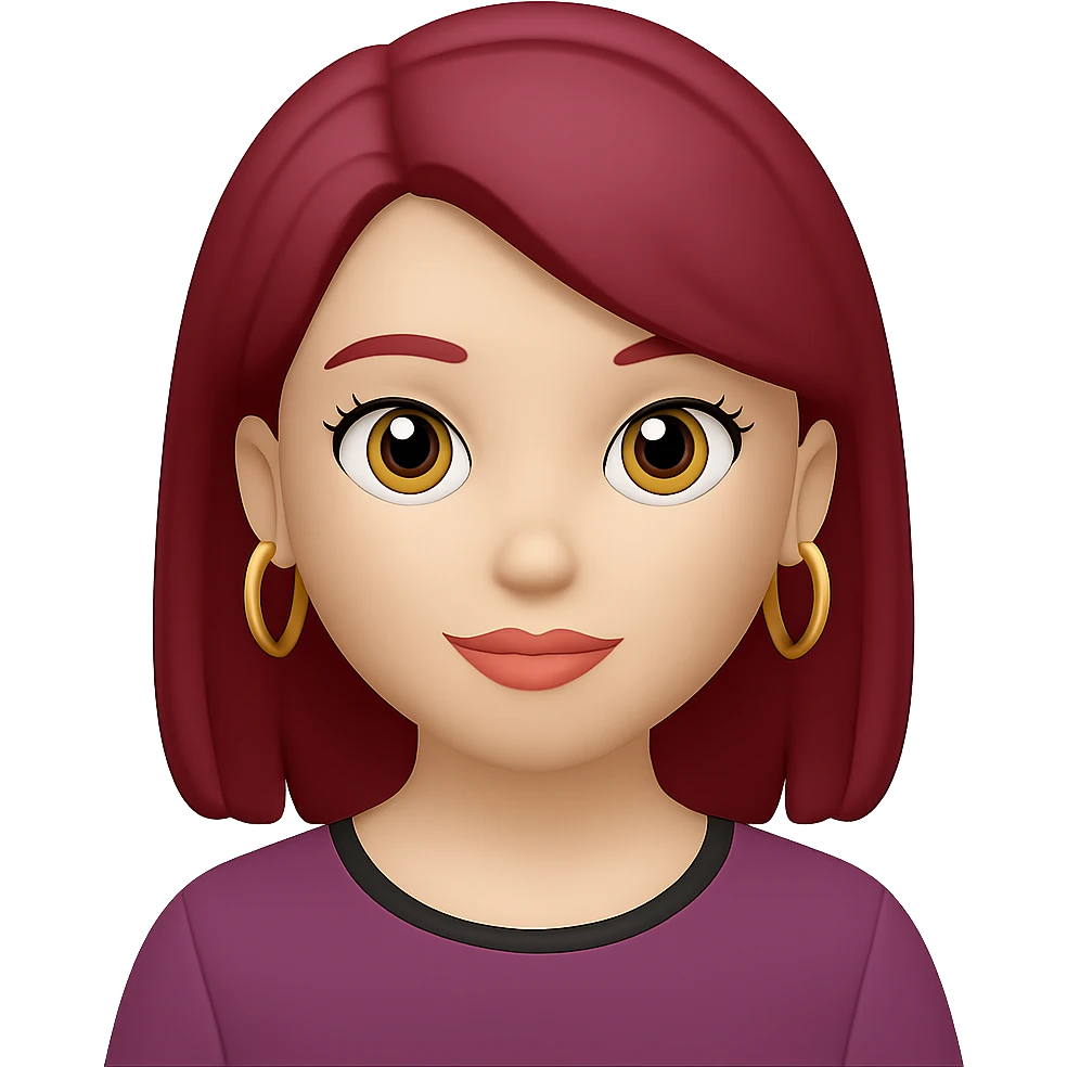 Add gold hoop earrings to the girl with burgundy hair in the style of emoji, keeping the emoji style look. emoji