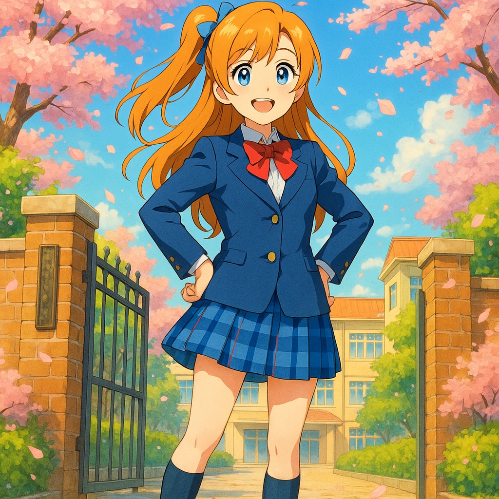 bright and cheerful anime schoolgirl standing confidently in front of her school gate during spring, cherry blossoms fluttering around, long light orange hair in a side ponytail with a blue ribbon, expressive blue eyes, warm smile, classic Japanese high school uniform with navy blue blazer, white blouse, red ribbon bow, blue checkered skirt, knee-high navy socks, brown loafers, vibrant 2D anime style inspired by Love Live!, lively background with high attention to color and lighting emoji