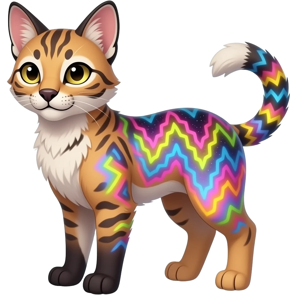 Realistic Colorful pale nebula gradients-colored randomly-colored fruity glorious exotic neon vibrant zigzagged fantasy-caracal-civet-genet-sergal-vernid-Gryphon-Cacomistle-Trico-oncilla-animal-Fakémon-hybrid-fursona (full body), facial markings, (realism style) emoji