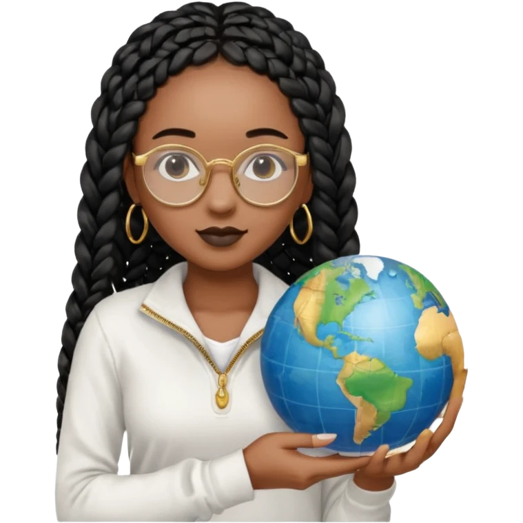 a young woman wearing fine gold round glasses and black hair in several box braids, no earrings, she has light black skin, and she's wearing a white shirt with a black quarterzip. She's holding a globe in one hand emoji
