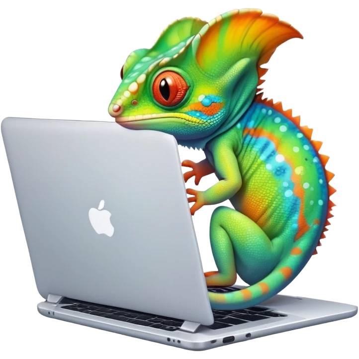 cute chameleon sitting on laptop, adorable face, bright colors, high quality, app logo emoji