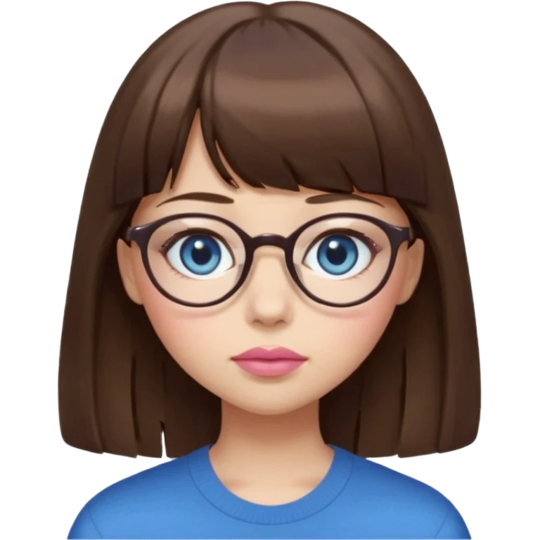 girl with medium brown hair, with fringe bangs ,and blue eyes , and glasses,  light to medium complexion, long lashes, almond shaped eyes, light pink lipstick,  round shaped face praying  emoji