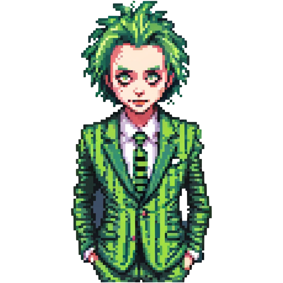 Beetlejuice character, pixel art, green messy hair, striped suit, quirky expression emoji
