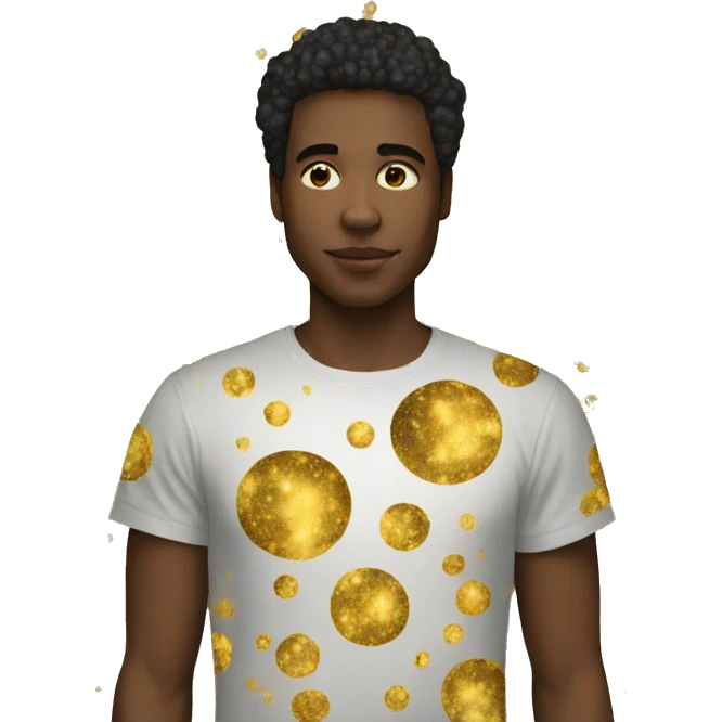 Person wearing t shirt filled with golden galaxies celestial emoji