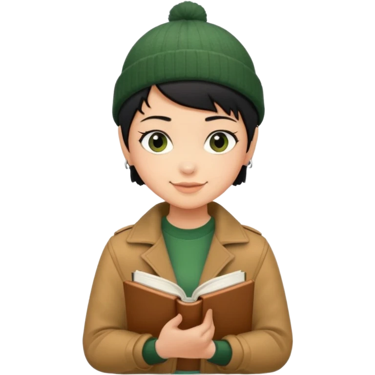 tan skin, non binary person with pixie cut black hair, wearing brown jacket and dark green beanie, shy smile , holding up  book  emoji