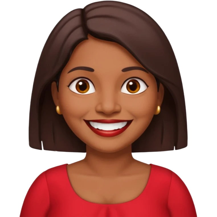 50 yr old chubby Sri Lankan woman, dark skin, straight brown hair, big smile, white teeth, red dress clothes, shoulder length hair emoji
