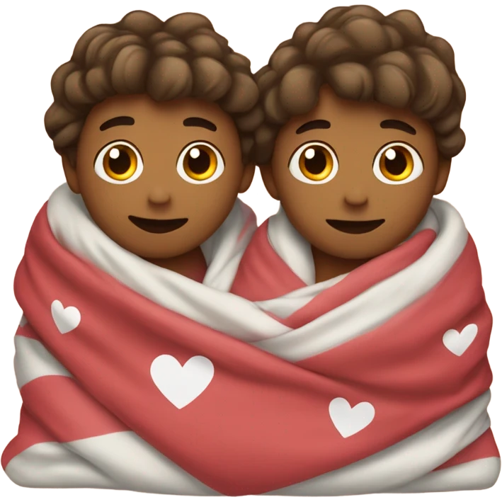 Two boys wrapped in blanket with hearts emoji