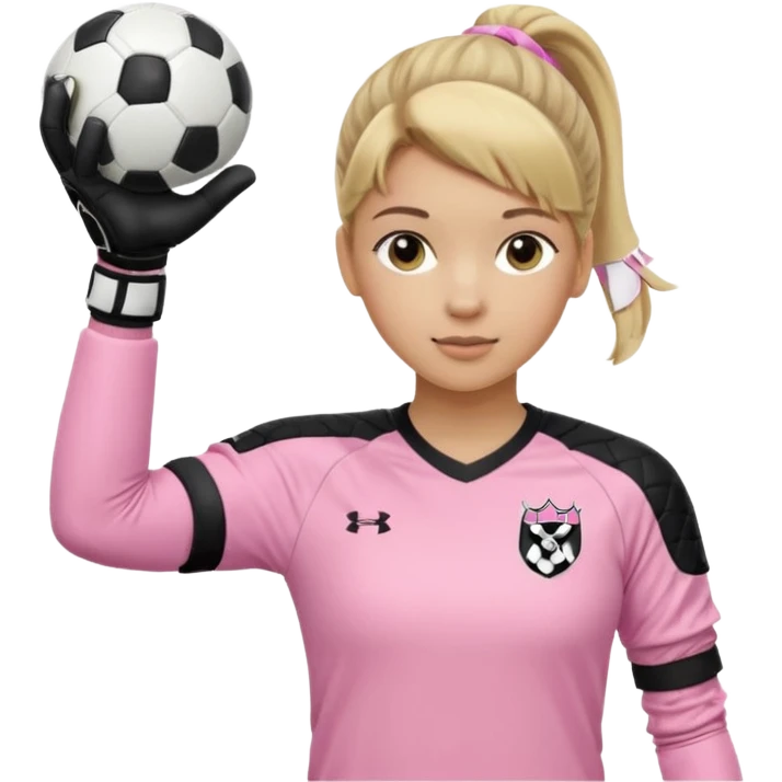 Make a dirty blonde football goalkeeper with goalkeeper gloves on. The girl is light skinned and wearing a light pink football kit. Wearing one ponytail on back of head. Make it without the whole body. With full sleeves. No RUGBY BALL JUST BLACK AND WHITE BALL. Holding ball under armpit emoji