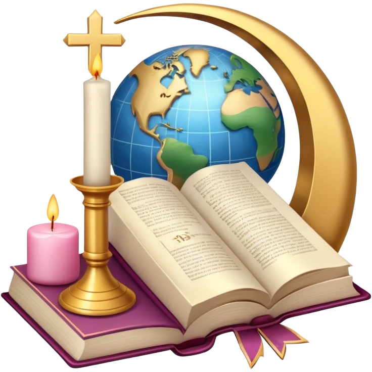 An icon featuring a holy book, a candle, and a cross, symbolizing religious studies. The design includes a globe with various religious symbols: a crescent moon and star (Islam), a lotus flower (Buddhism), representing global belief systems. Transparent background. emoji