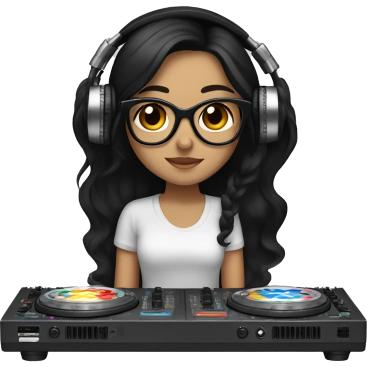 Fair skinned girl with brown eyes and long black hair with glasses on with headphones on mixing on a dj mixer emoji