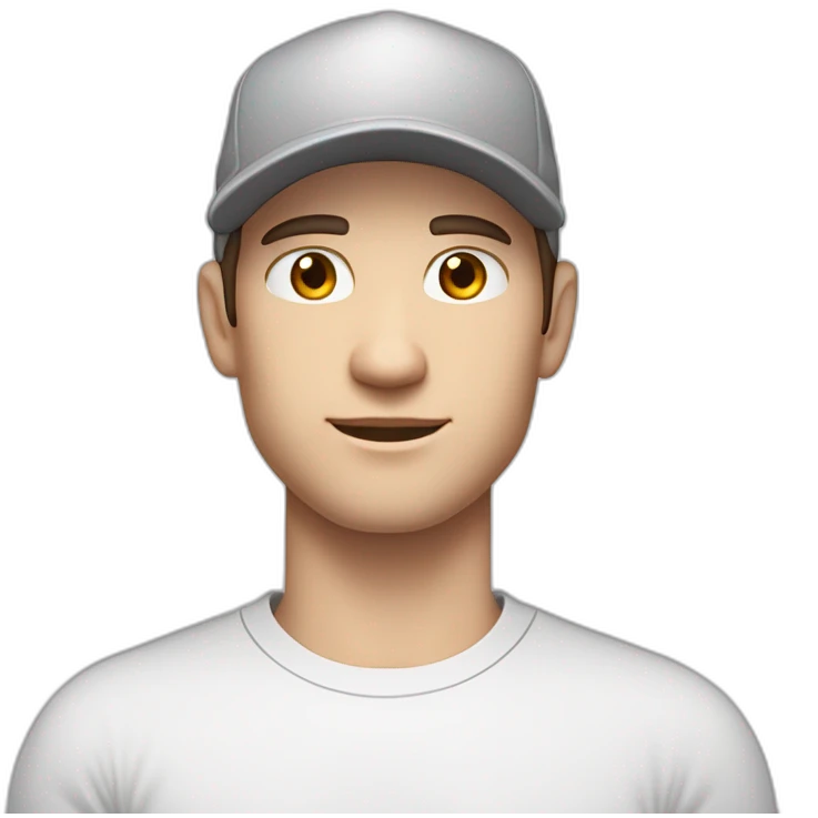 Pale skinned fit Man with dark brown hair in a white cap, gray jeans and gray polo T-shirt keeping a pasted with tape white box into his hands emoji