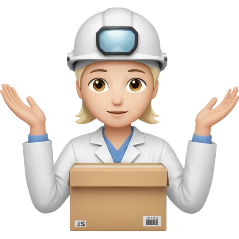 Tengo que dar una capacitacion de orgonomia, necesito un emoji de un operario con casco blanco y delantal blanco de manga larga que levante una caja cerrada con las dos manos a la altura de los hombros. Que tenga un delantal de laboratorio no de coina  emoji
