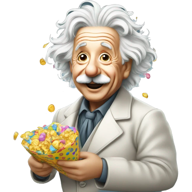 happy albert einstein holding confeti  in one hand emoji