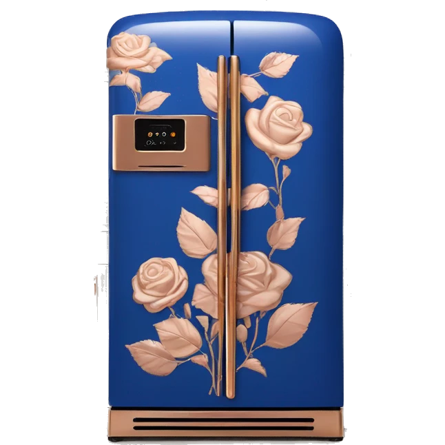 Realistic cobalt blue and rose gold retro vintage fridge with rose gold flower pattern on it. emoji