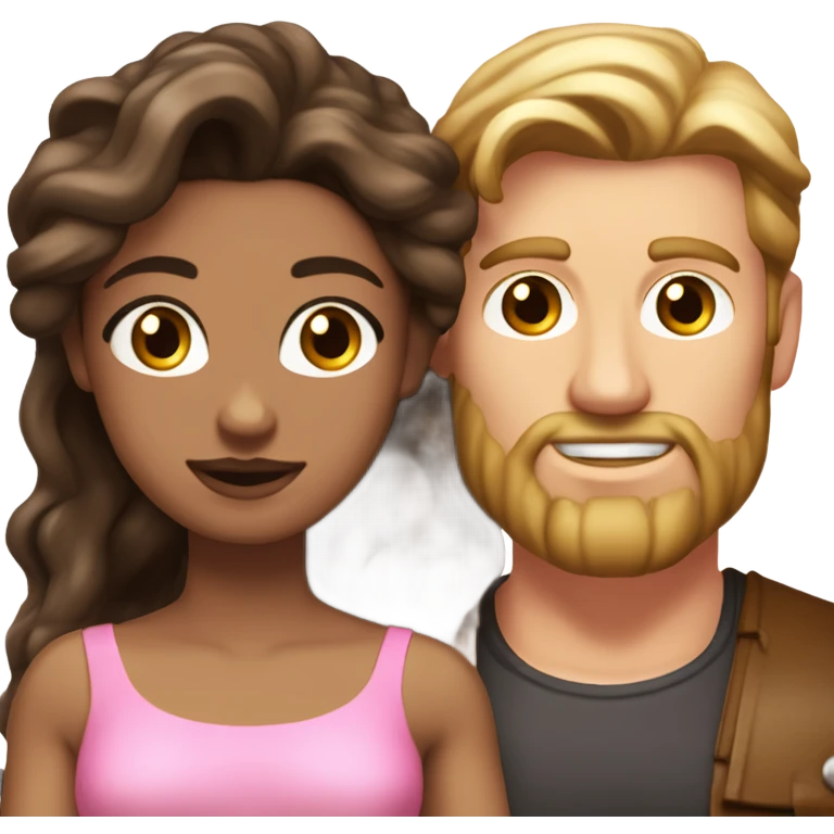 A handsome pale Greek god man who has long brown hair and tanned skin with a pretty black skinny tall model woman who has long voluminous brown & blonde highlights hair  and she is wearing a pink dress and they are a couple emoji
