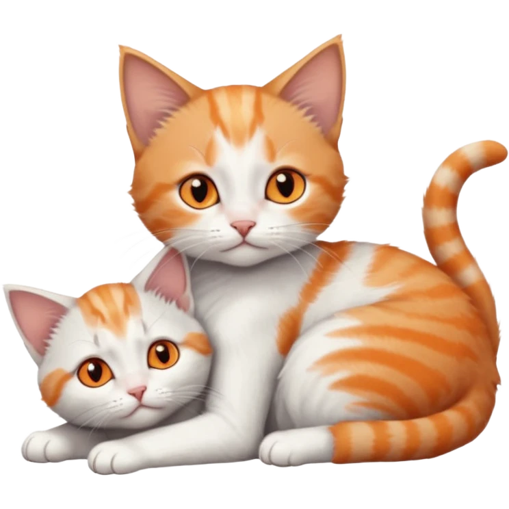 full body of very small + skinny ginger and white kitten with deep orange eyes and triangular shaped face lying down cuddling a grey and white kitten who is a bit bigger than him emoji